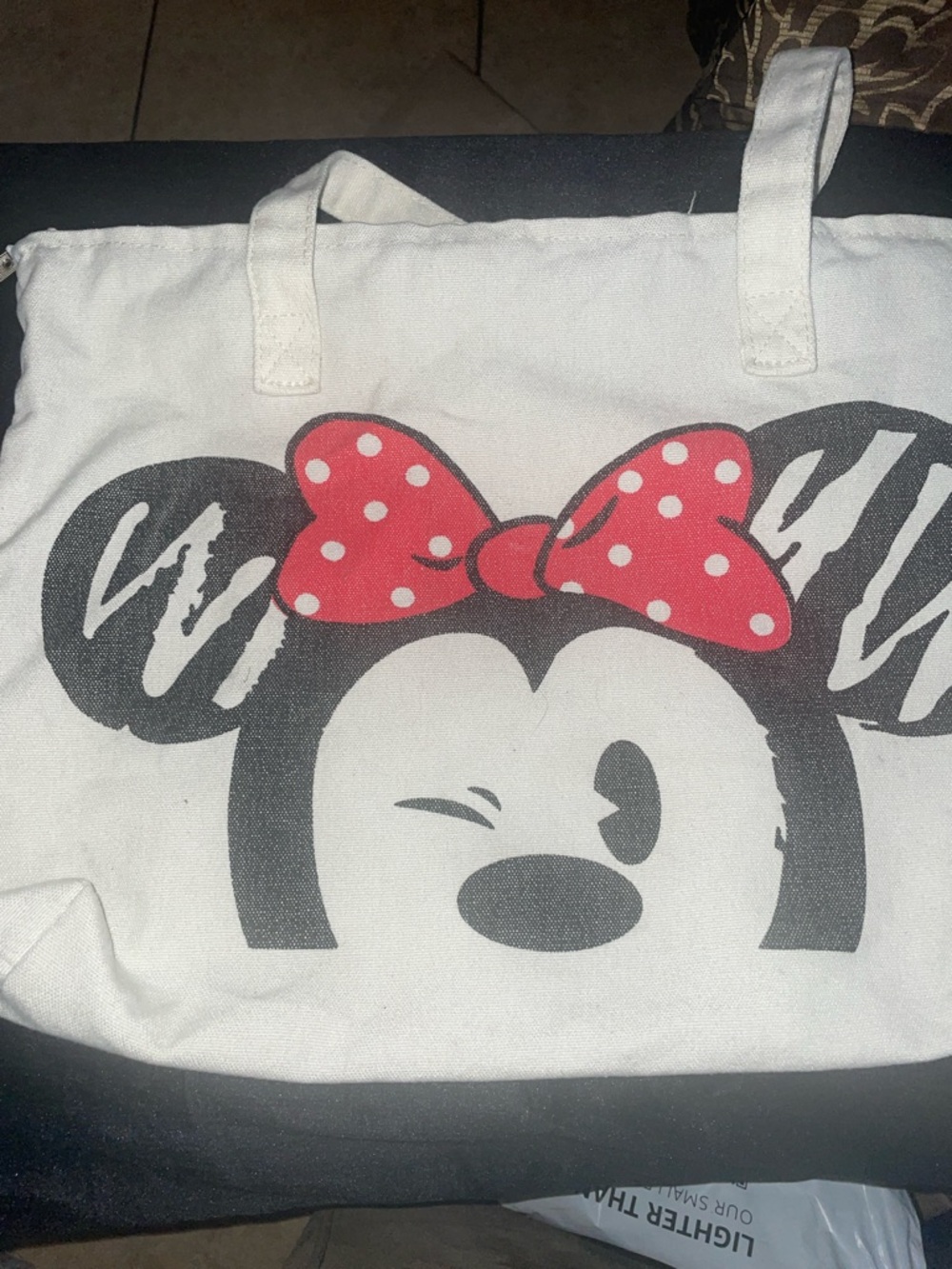 White Canvas Tote with Red Polka Dot Bow Print